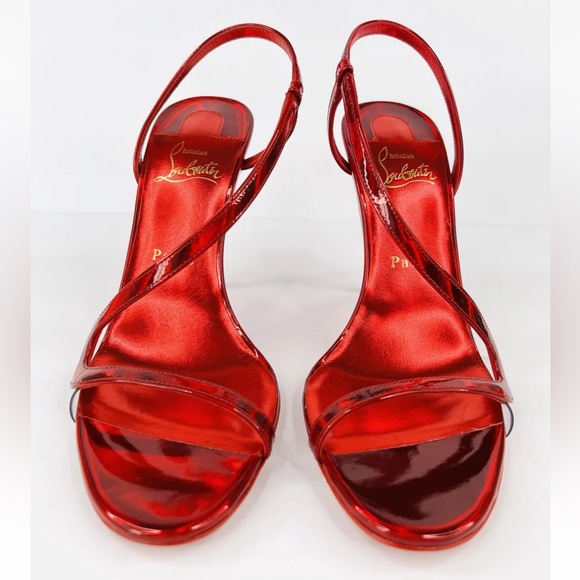 CHRISTIAN LOUBOUTIN Rosalie Metallic Patent Leather Stiletto Sandals Size 38.5 - Picture 4 of 14